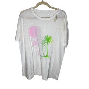 Aerie Womens Breezy Boyfriend M White T-Shirt Palm Tree Print Linen Blend, NWT